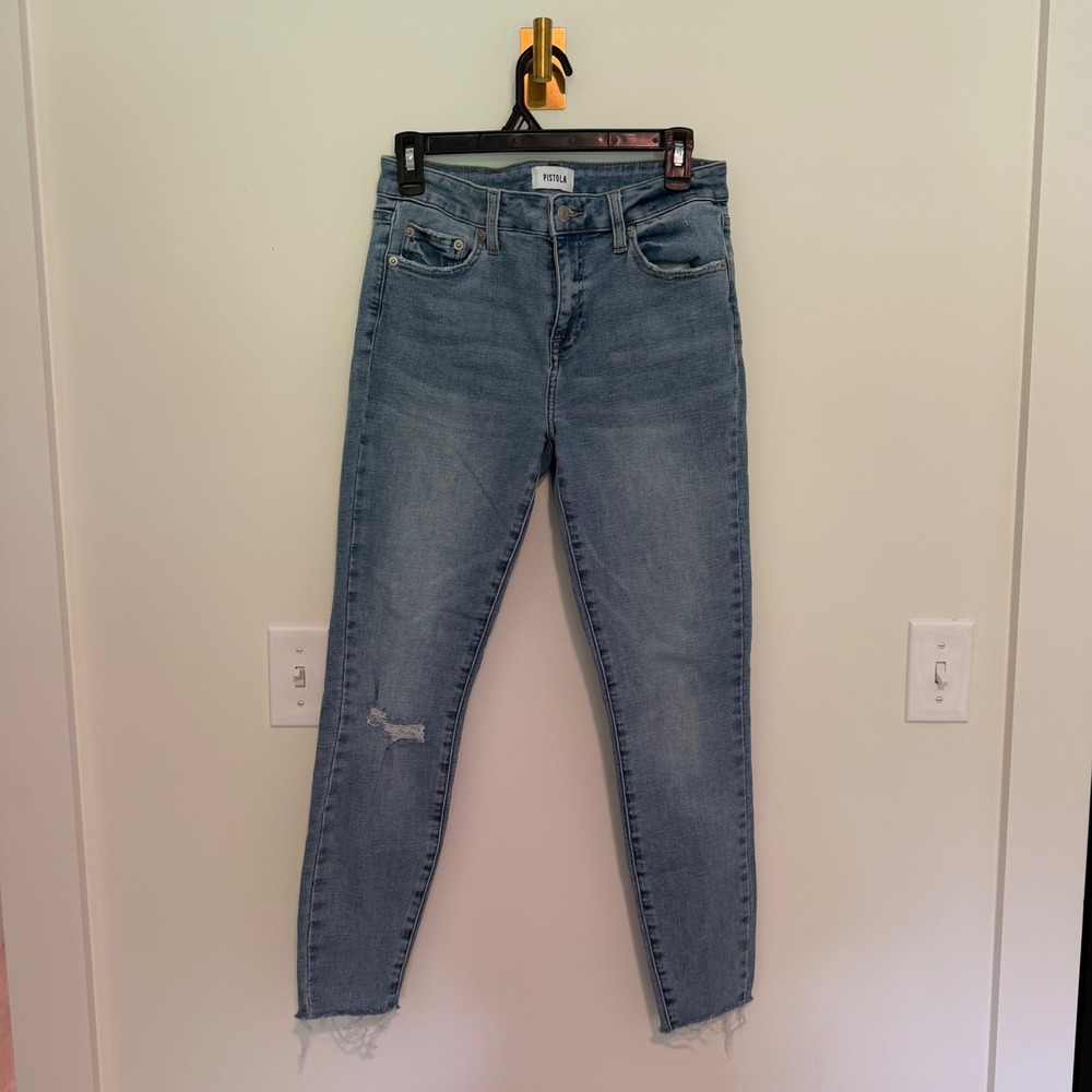 Pistola Audrey High Rise Skinny Jeans Medium Wash Distressed Raw Hem Size 28